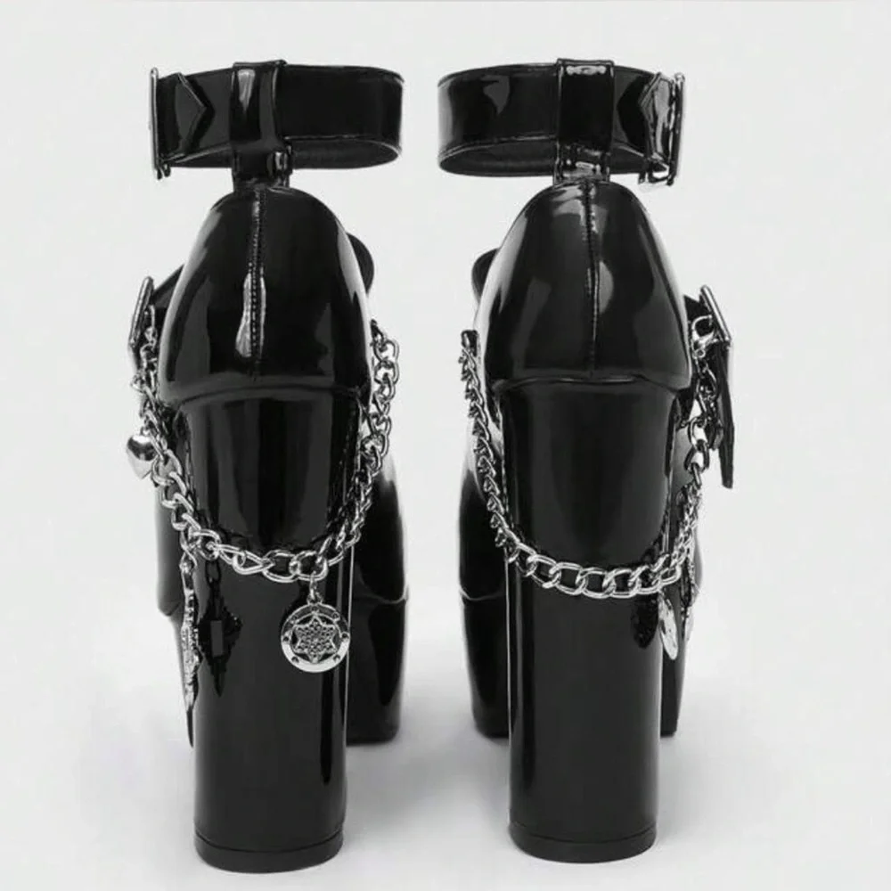 Black Platform Chunky Mary Jane Pump with Chain Detail - Picture 2 of 6